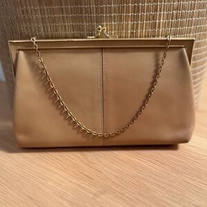 Classic Tan Leather Frame Clutch with Gold Chain